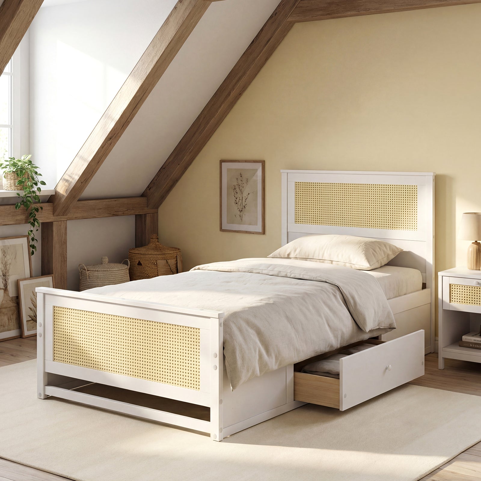 Twin Size Rattan Bed Frame with Storage Drawers, White Trundle Bed Frame at Gallery Canada