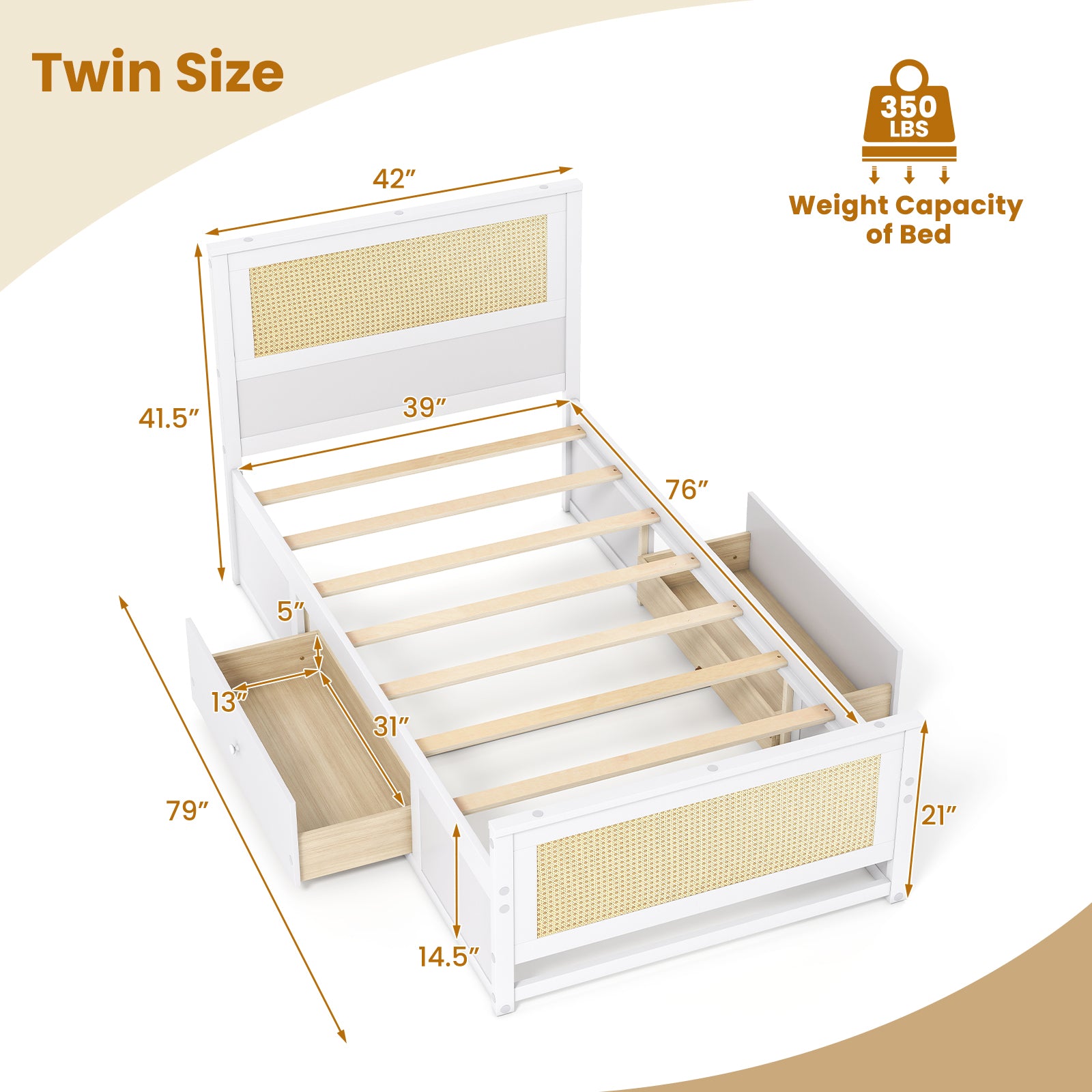 Twin Size Rattan Bed Frame with Storage Drawers, White Trundle Bed Frame at Gallery Canada