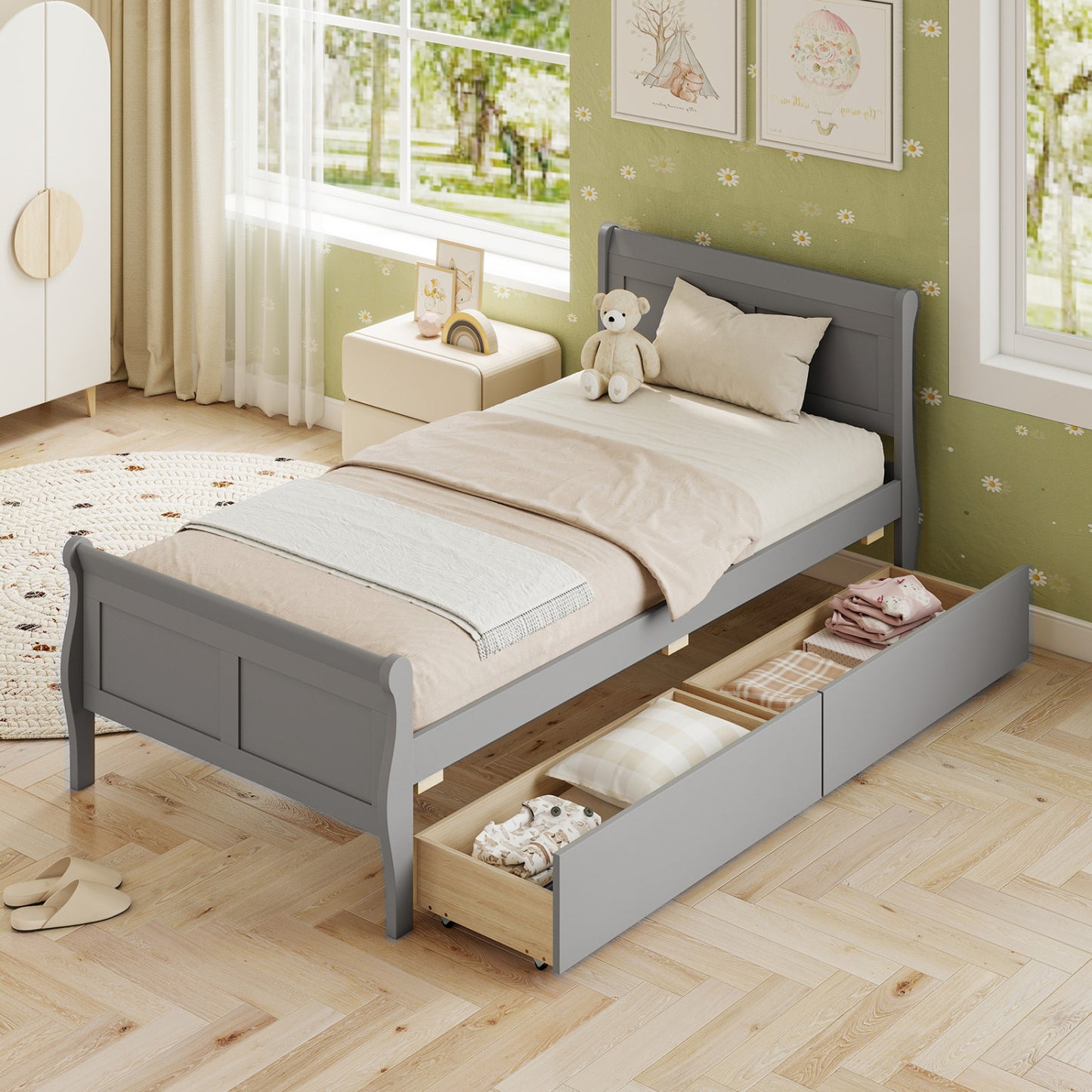 Twin Sleigh Bed with 2 Storage Drawers, Gray Simple Bed Frame at Gallery Canada