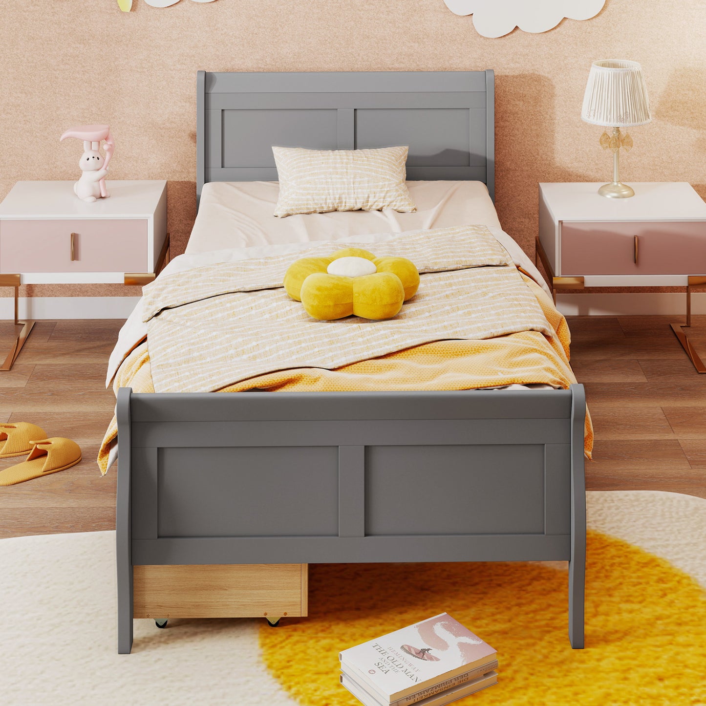 Twin Sleigh Bed with 2 Storage Drawers, Gray Simple Bed Frame at Gallery Canada