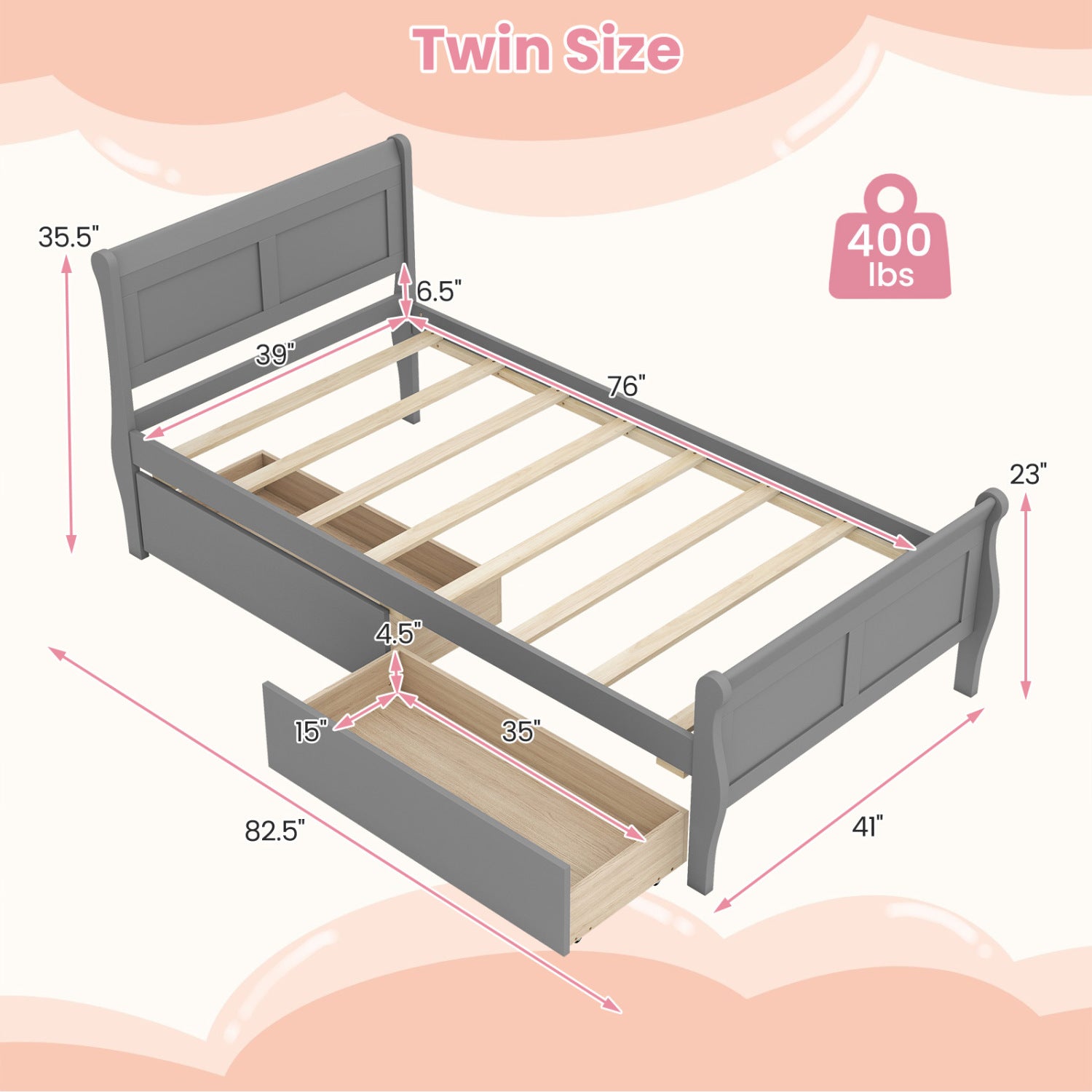 Twin Sleigh Bed with 2 Storage Drawers, Gray Simple Bed Frame at Gallery Canada