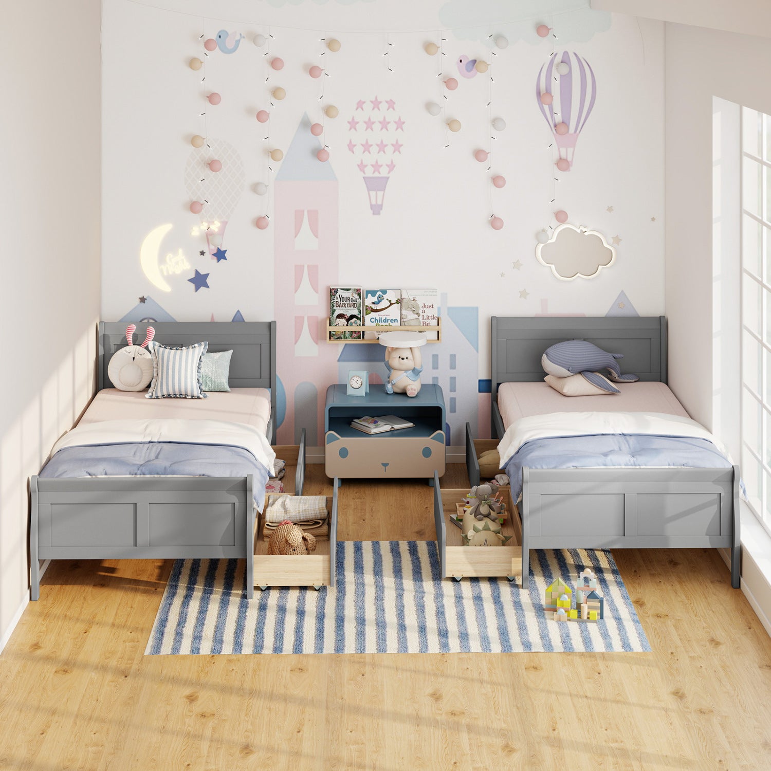 Twin Sleigh Bed with 2 Storage Drawers, Gray Simple Bed Frame at Gallery Canada