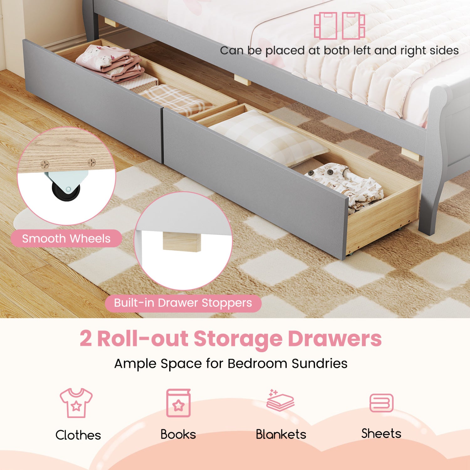 Twin Sleigh Bed with 2 Storage Drawers, Gray Simple Bed Frame at Gallery Canada