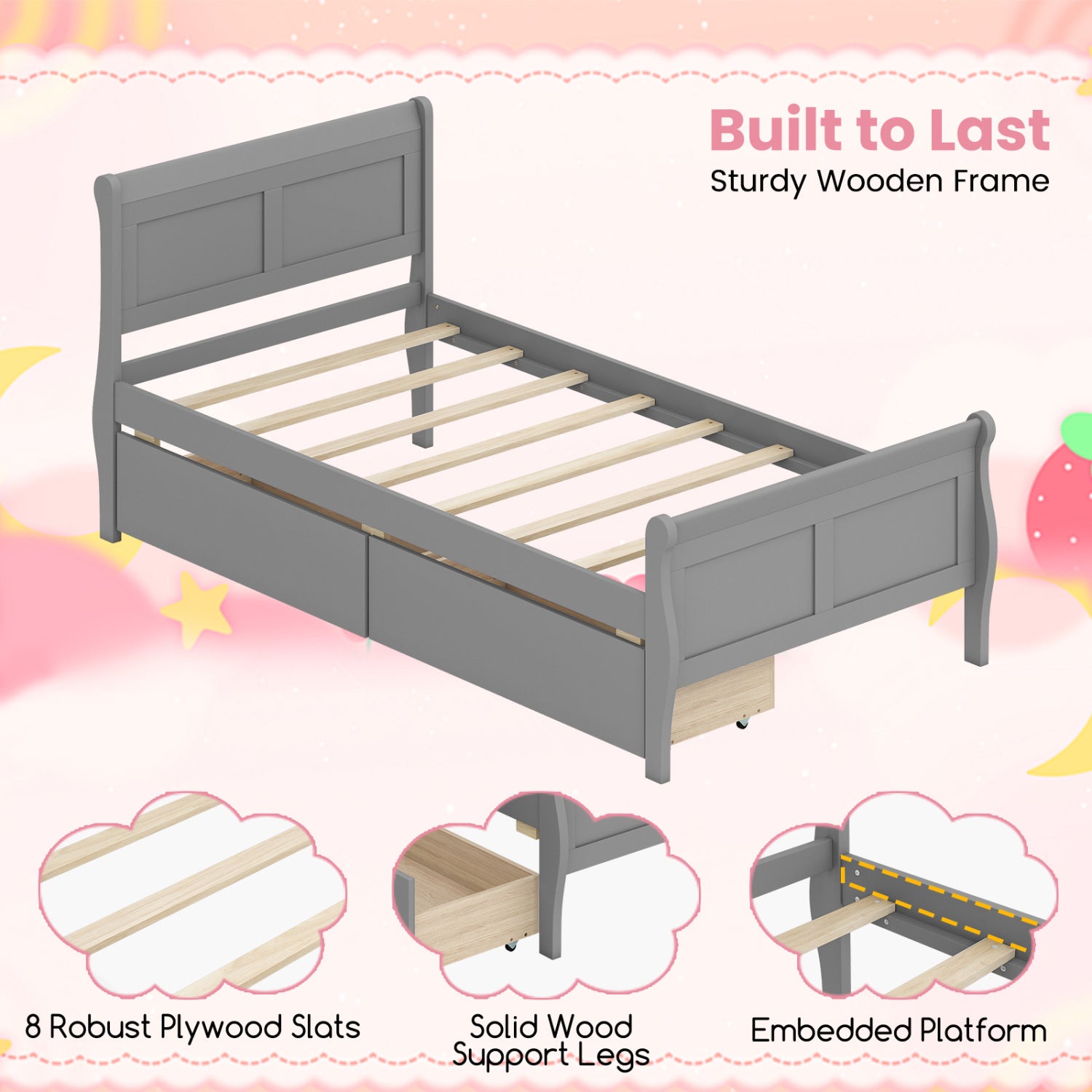 Twin Sleigh Bed with 2 Storage Drawers, Gray Simple Bed Frame at Gallery Canada
