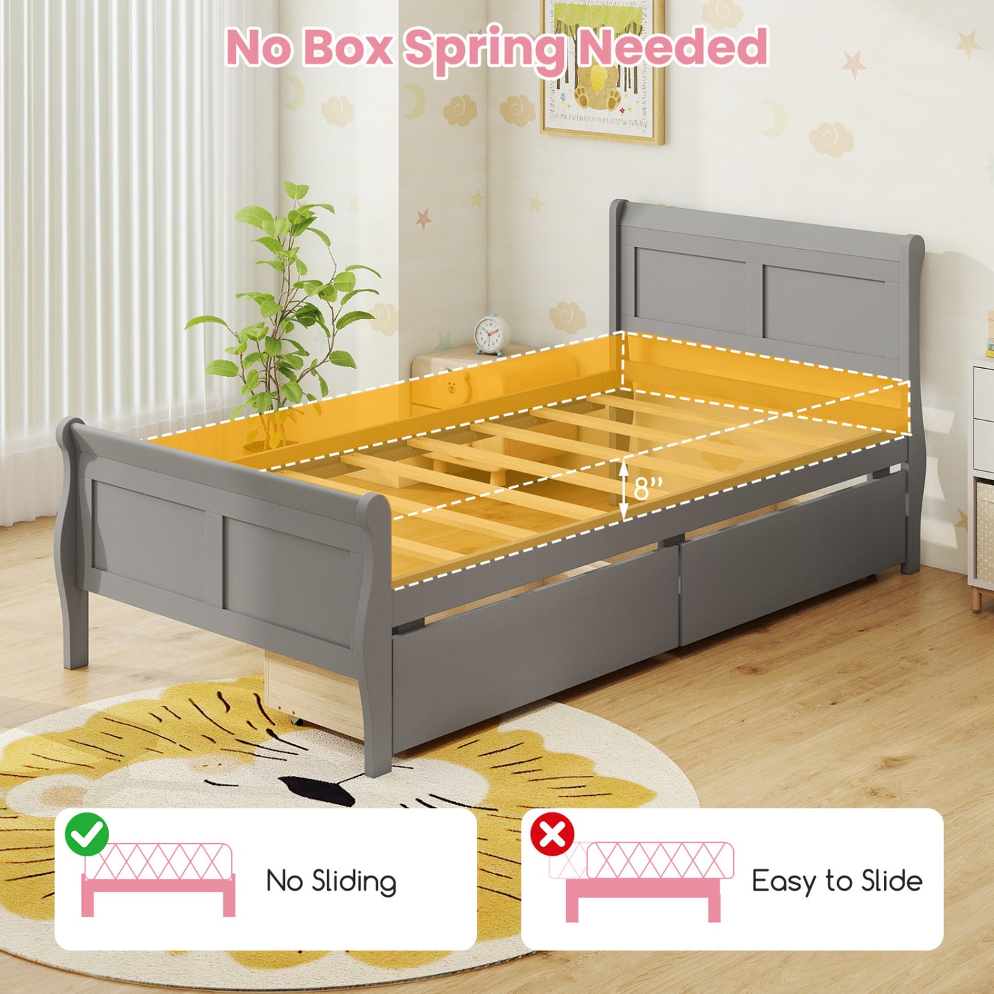 Twin Sleigh Bed with 2 Storage Drawers, Gray Simple Bed Frame at Gallery Canada
