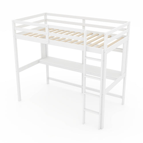 Twin Size Solid Wood Loft Bed Frame With Safety Guardrail, White
