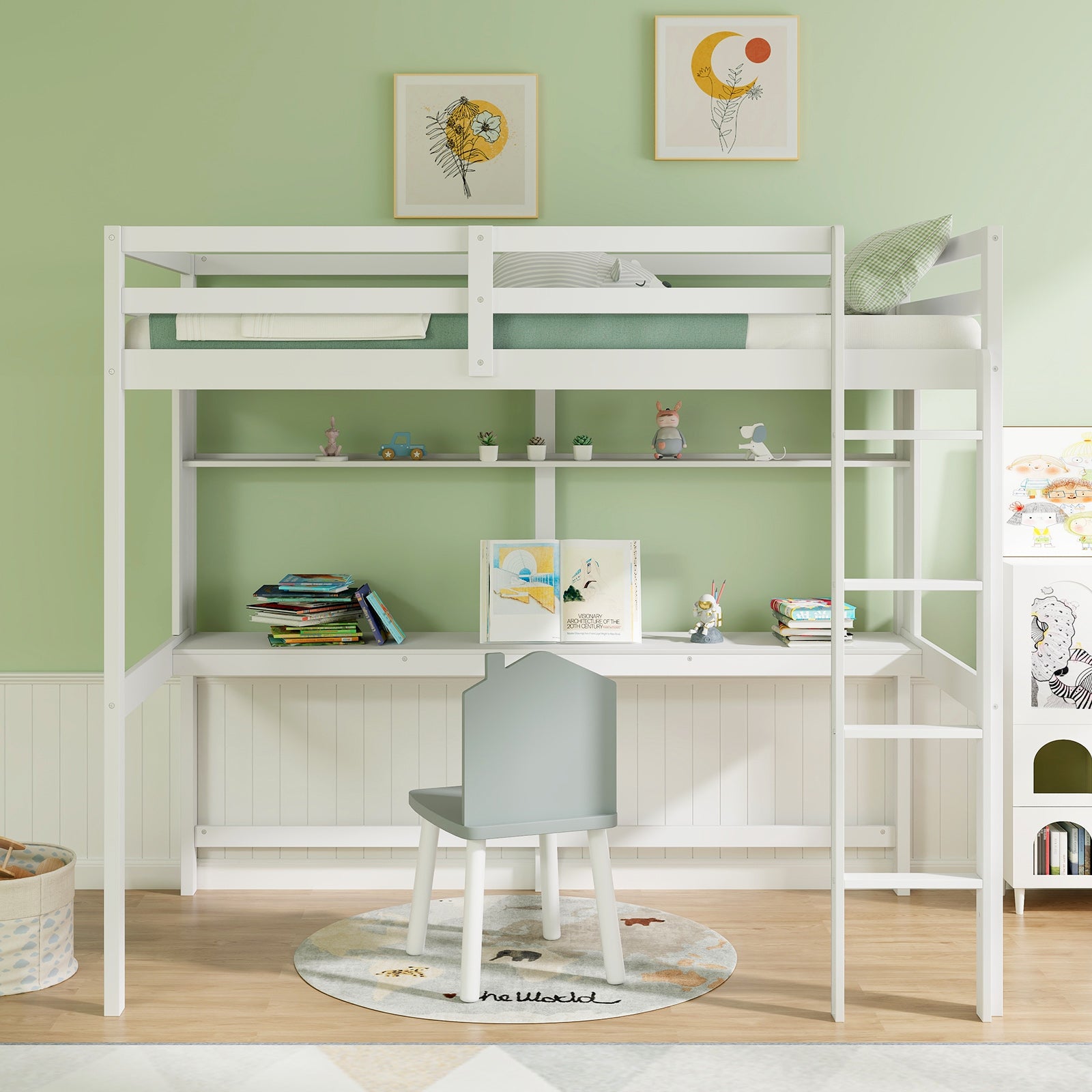 Twin Size Solid Wood Loft Bed Frame With Safety Guardrail, White Bunk Bed Frame at Gallery Canada