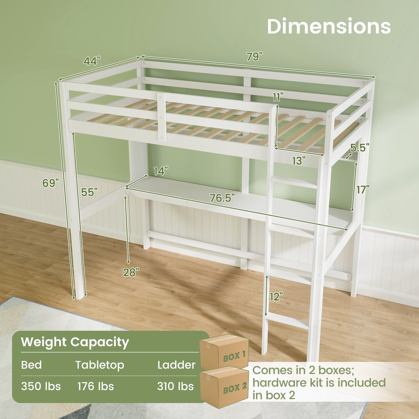 Twin Size Solid Wood Loft Bed Frame With Safety Guardrail, White Bunk Bed Frame at Gallery Canada