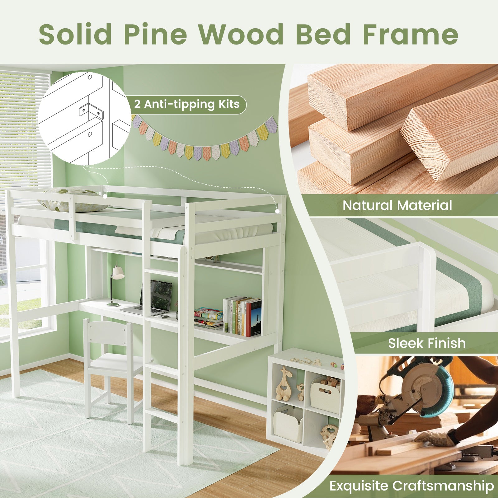 Twin Size Solid Wood Loft Bed Frame With Safety Guardrail, White Bunk Bed Frame at Gallery Canada