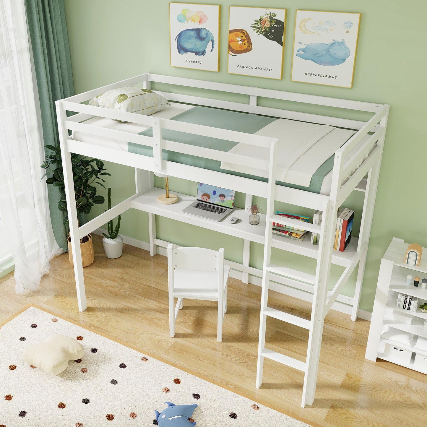 Twin Size Solid Wood Loft Bed Frame With Safety Guardrail, White Bunk Bed Frame at Gallery Canada