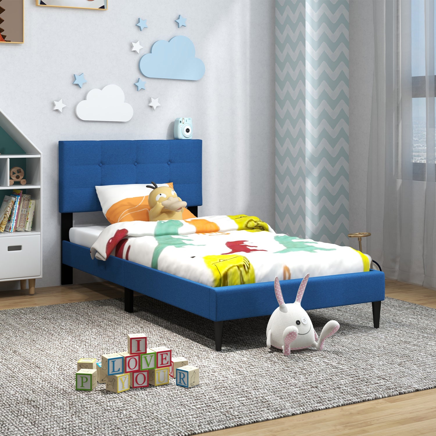 Twin Size Upholstered Platform Bed with Button Tufted Headboard, Blue Simple Bed Frame at Gallery Canada