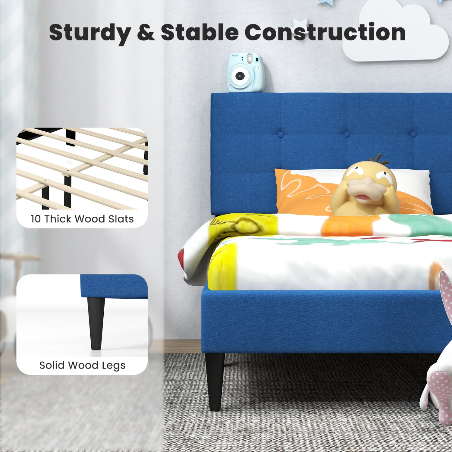 Twin Size Upholstered Platform Bed with Button Tufted Headboard, Blue Simple Bed Frame at Gallery Canada