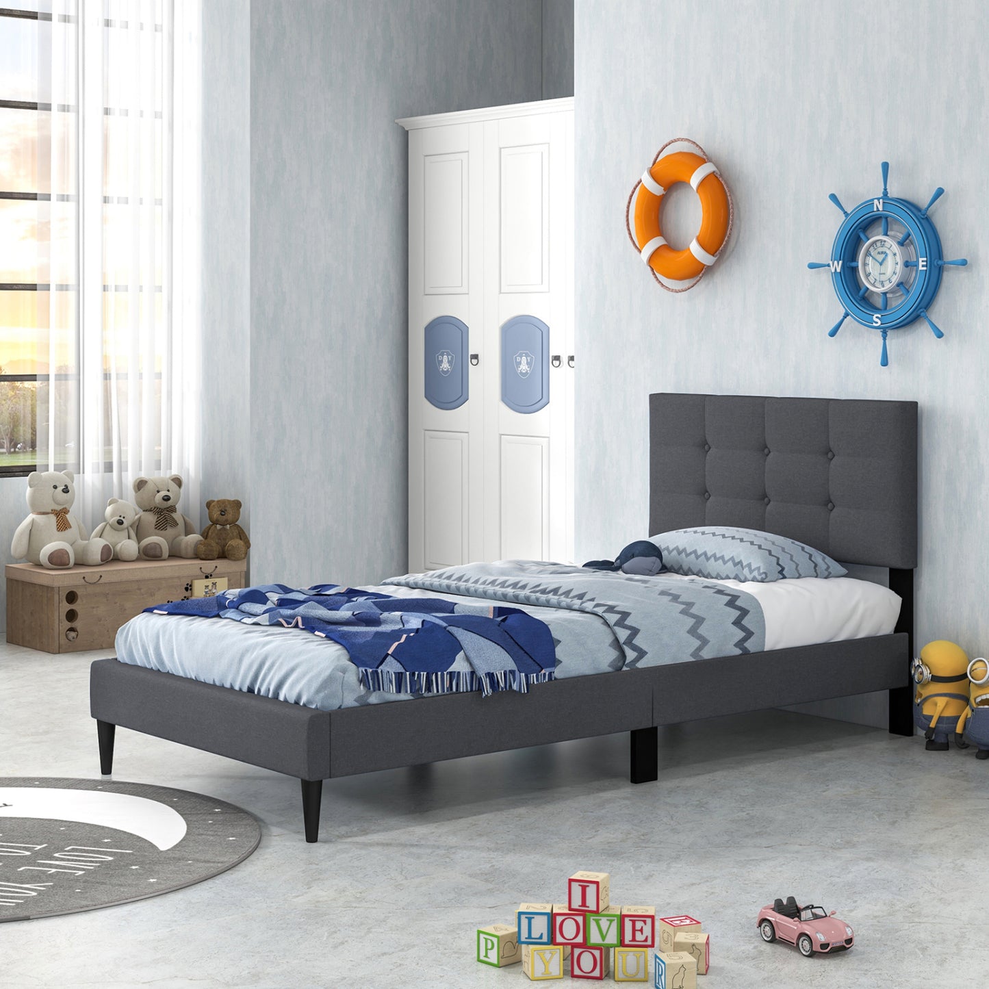 Twin Size Platform Bed With Button Tufted Headboard, Gray Simple Bed Frame at Gallery Canada