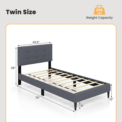 Twin Size Platform Bed With Button Tufted Headboard, Gray Simple Bed Frame at Gallery Canada
