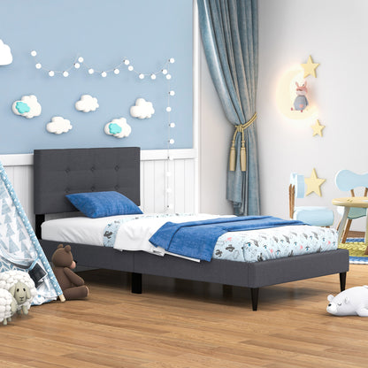 Twin Size Platform Bed With Button Tufted Headboard, Gray Simple Bed Frame at Gallery Canada