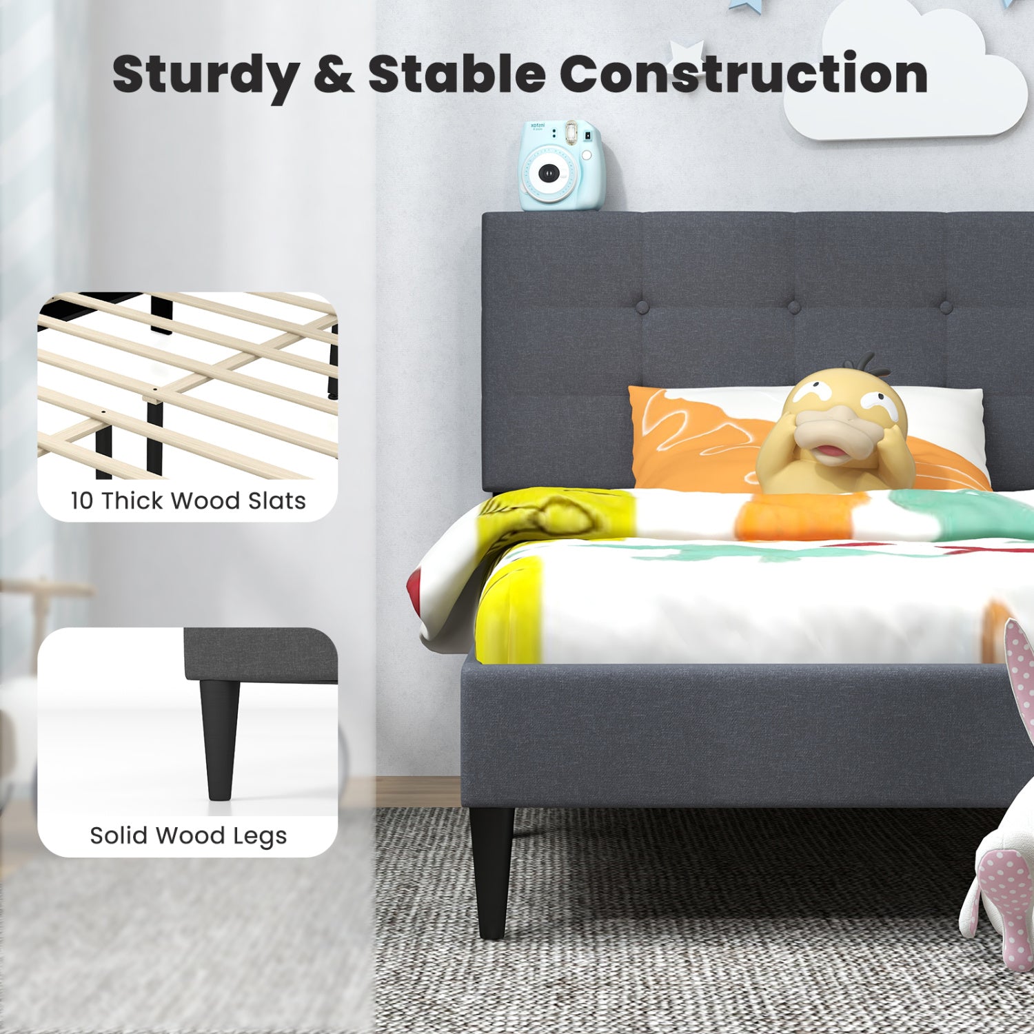 Twin Size Platform Bed With Button Tufted Headboard, Gray Simple Bed Frame at Gallery Canada