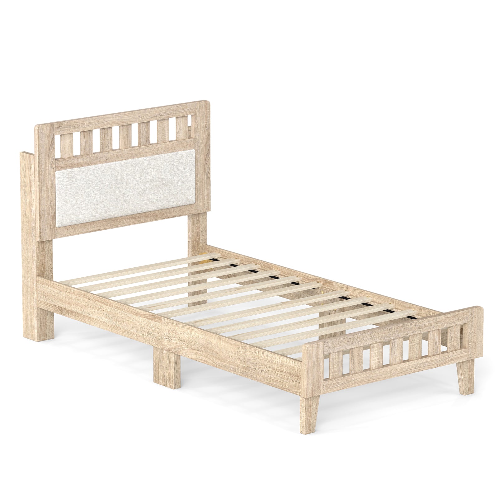 Twin Size Wood Bed Frame, Upholstered Headboard, Mid Century, Beige Simple Bed Frame Beige at Gallery Canada