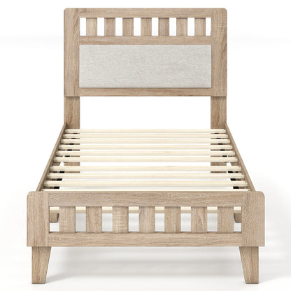 Twin Size Wood Bed Frame, Upholstered Headboard, Mid Century, Beige Simple Bed Frame Beige at Gallery Canada