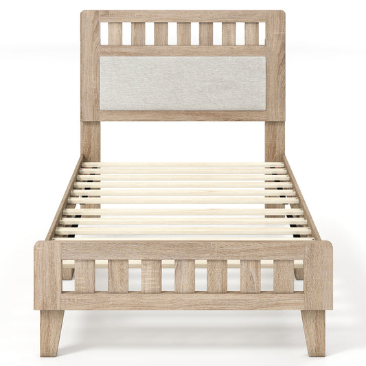 Twin Size Wood Bed Frame, Upholstered Headboard, Mid Century, Beige Simple Bed Frame Beige at Gallery Canada