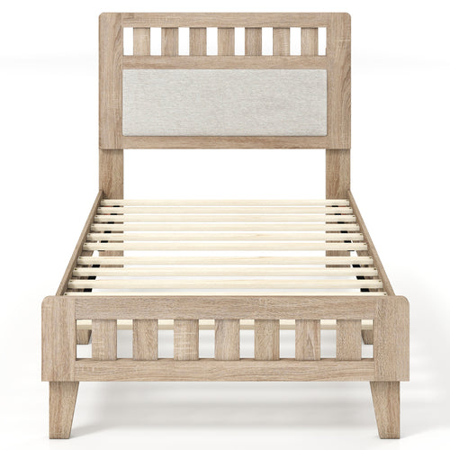 Twin Size Wood Bed Frame, Upholstered Headboard, Mid Century, Beige