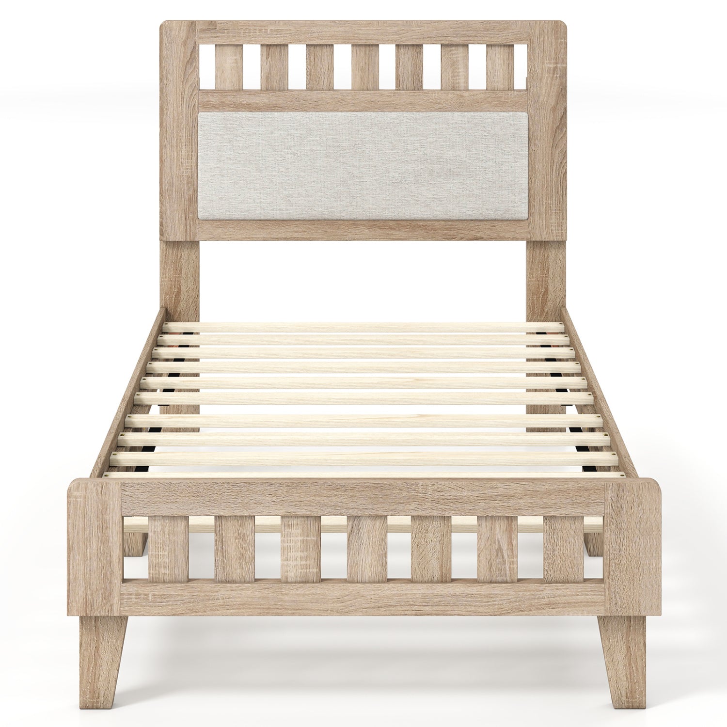 Twin Size Wood Bed Frame, Upholstered Headboard, Mid Century, Beige Simple Bed Frame at Gallery Canada