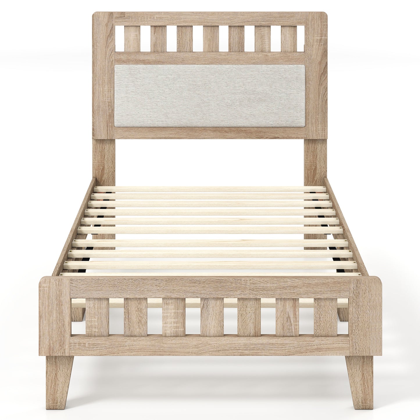 Twin Size Wood Bed Frame, Upholstered Headboard, Mid Century, Beige Simple Bed Frame at Gallery Canada