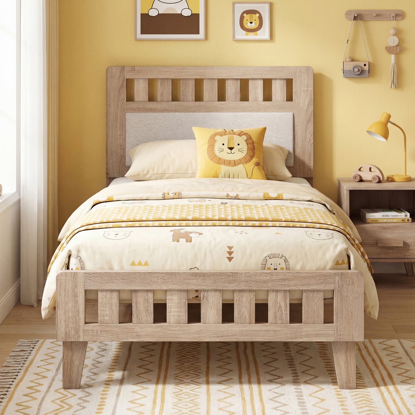 Twin Size Wood Bed Frame, Upholstered Headboard, Mid Century, Beige Simple Bed Frame at Gallery Canada