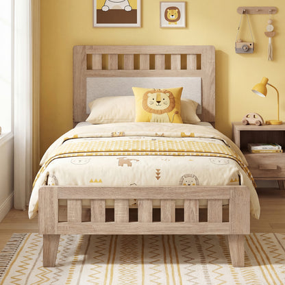 Twin Size Wood Bed Frame, Upholstered Headboard, Mid Century, Beige Simple Bed Frame at Gallery Canada