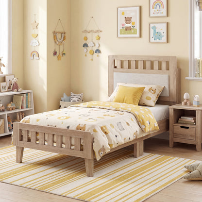 Twin Size Wood Bed Frame, Upholstered Headboard, Mid Century, Beige Simple Bed Frame at Gallery Canada
