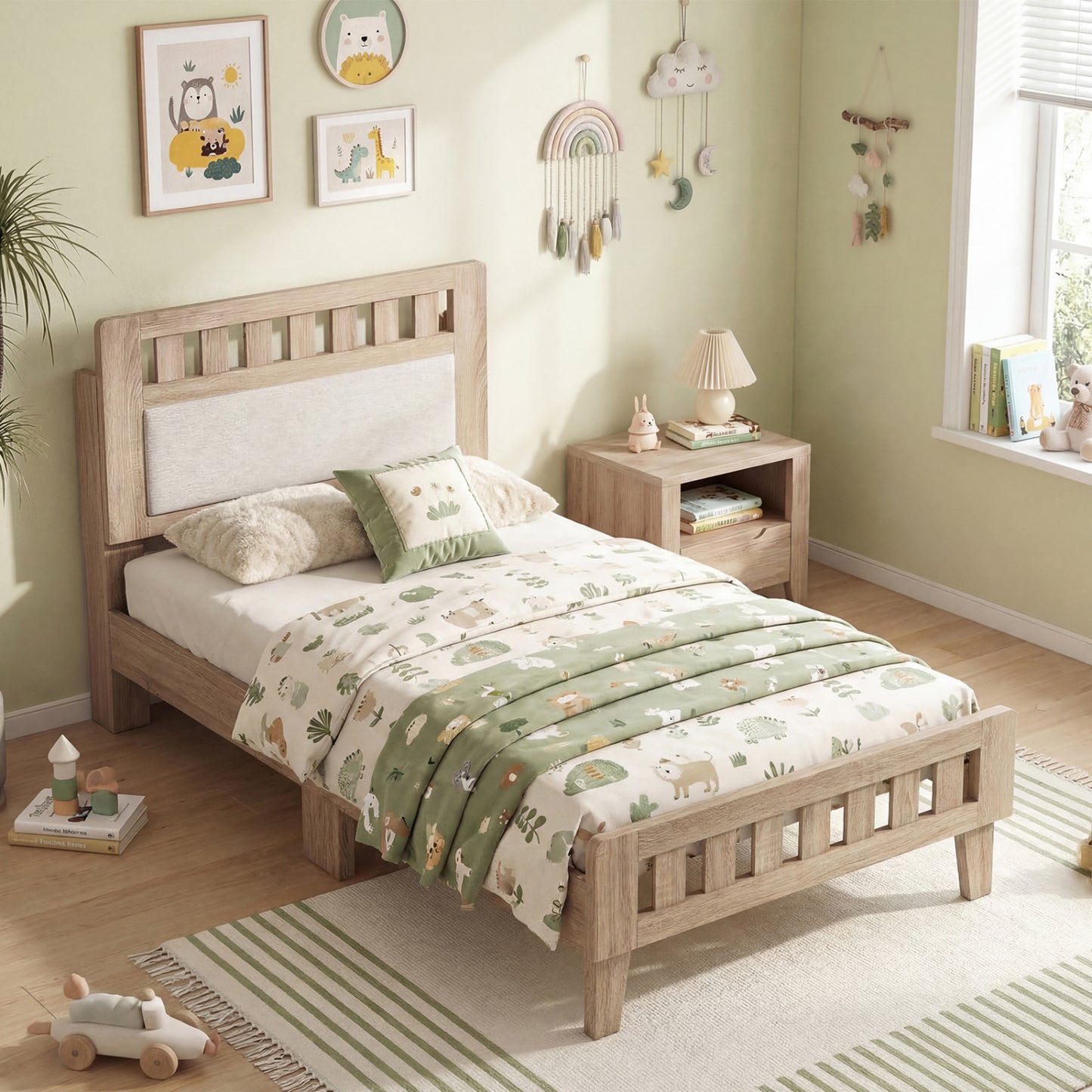 Twin Size Wood Bed Frame, Upholstered Headboard, Mid Century, Beige Simple Bed Frame at Gallery Canada