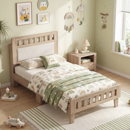 Twin Size Wood Bed Frame, Upholstered Headboard, Mid Century, Beige Simple Bed Frame at Gallery Canada