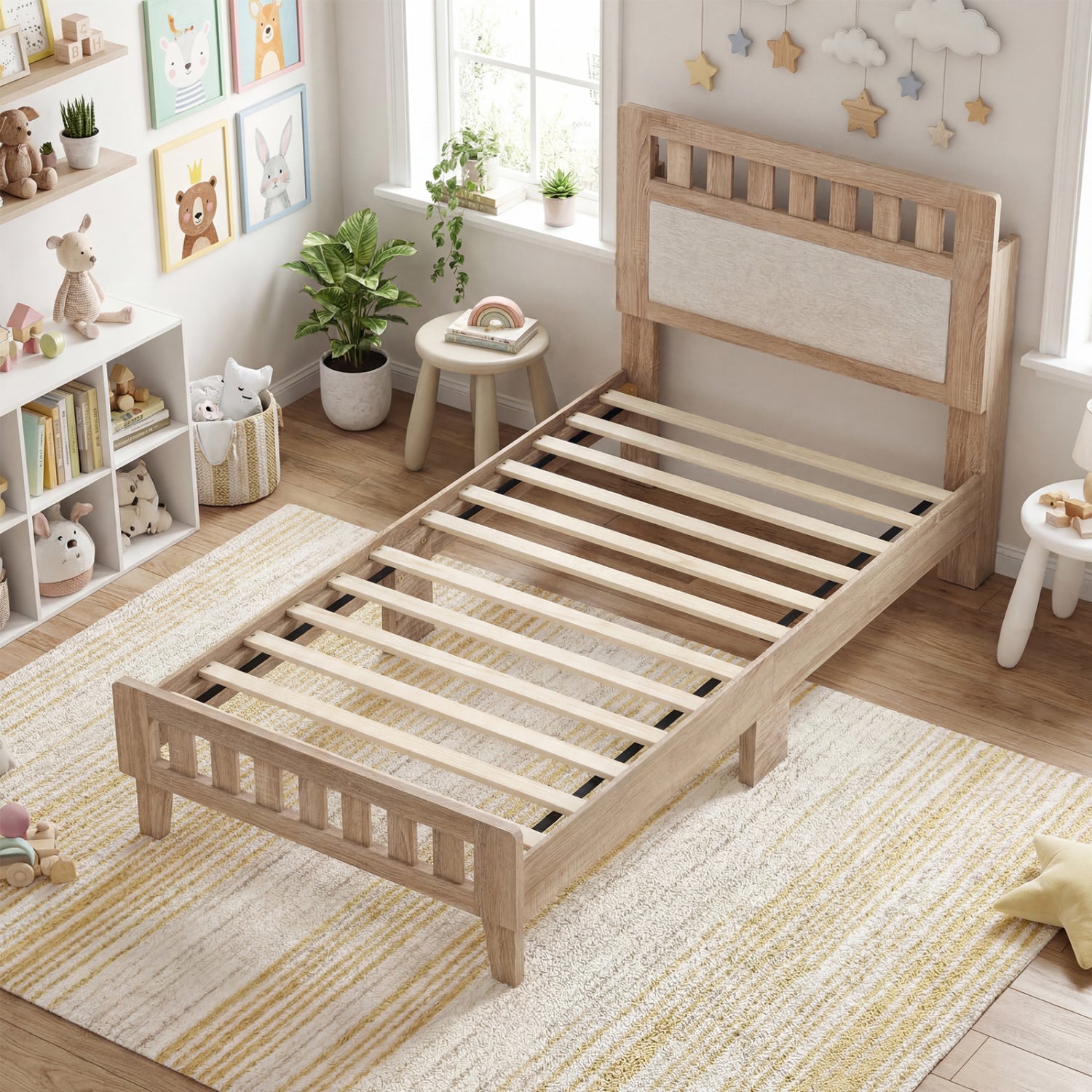Twin Size Wood Bed Frame, Upholstered Headboard, Mid Century, Beige Simple Bed Frame at Gallery Canada