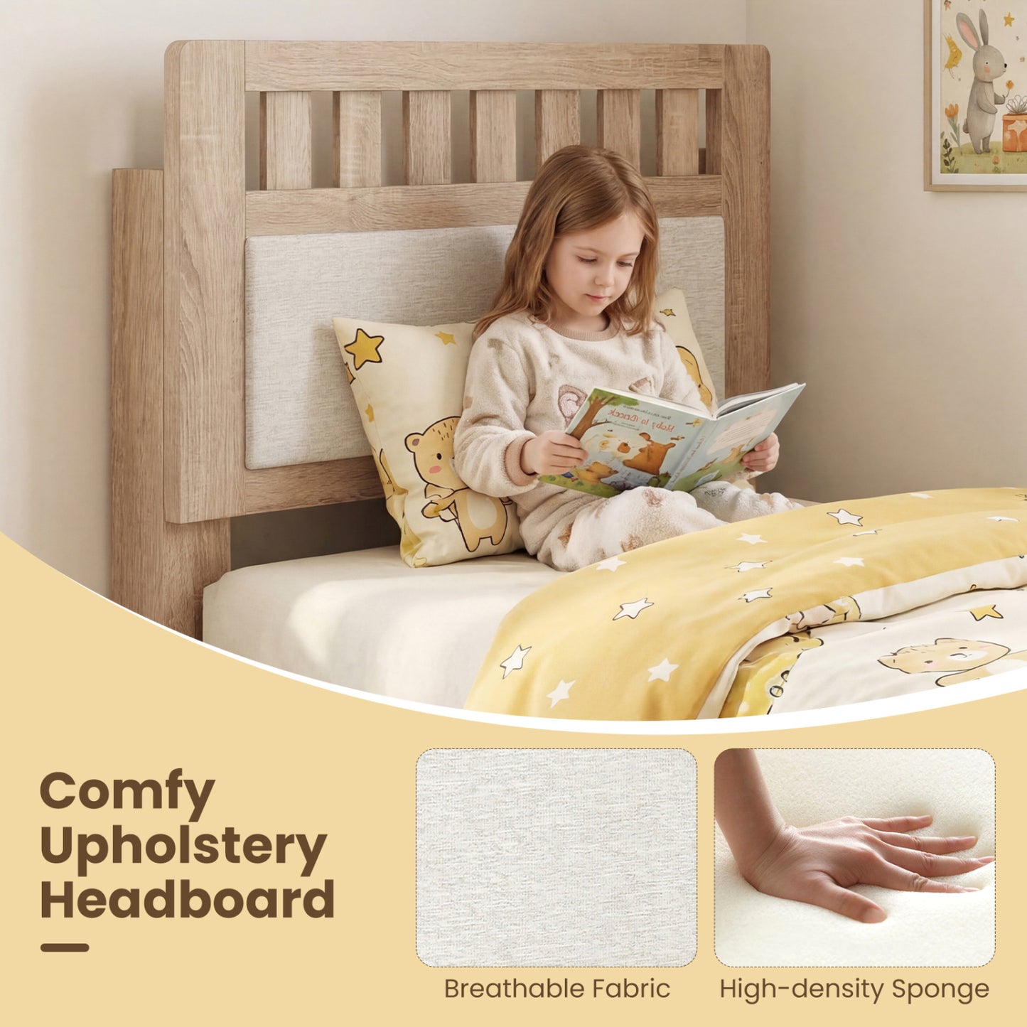 Twin Size Wood Bed Frame, Upholstered Headboard, Mid Century, Beige Simple Bed Frame at Gallery Canada