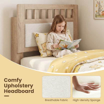 Twin Size Wood Bed Frame, Upholstered Headboard, Mid Century, Beige Simple Bed Frame at Gallery Canada