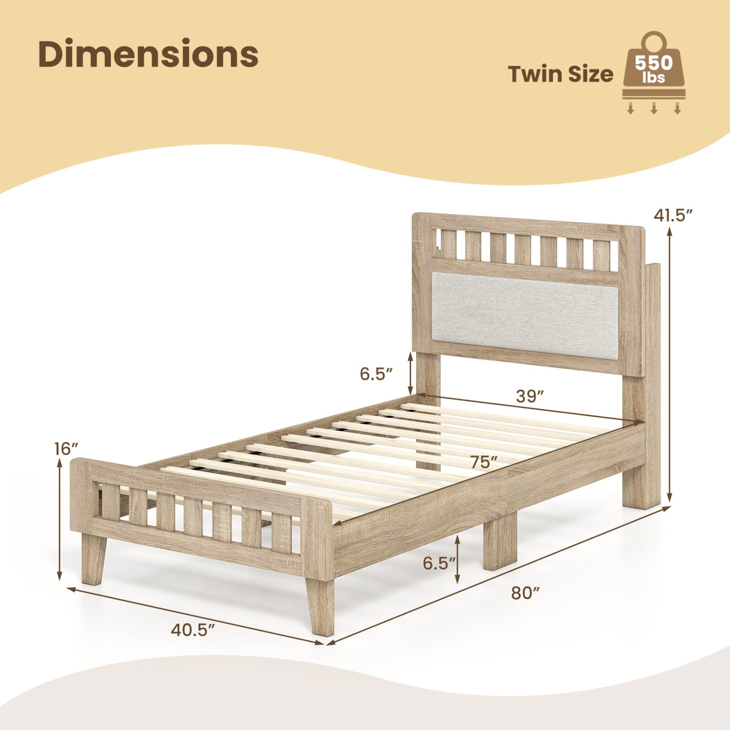 Twin Size Wood Bed Frame, Upholstered Headboard, Mid Century, Beige Simple Bed Frame at Gallery Canada