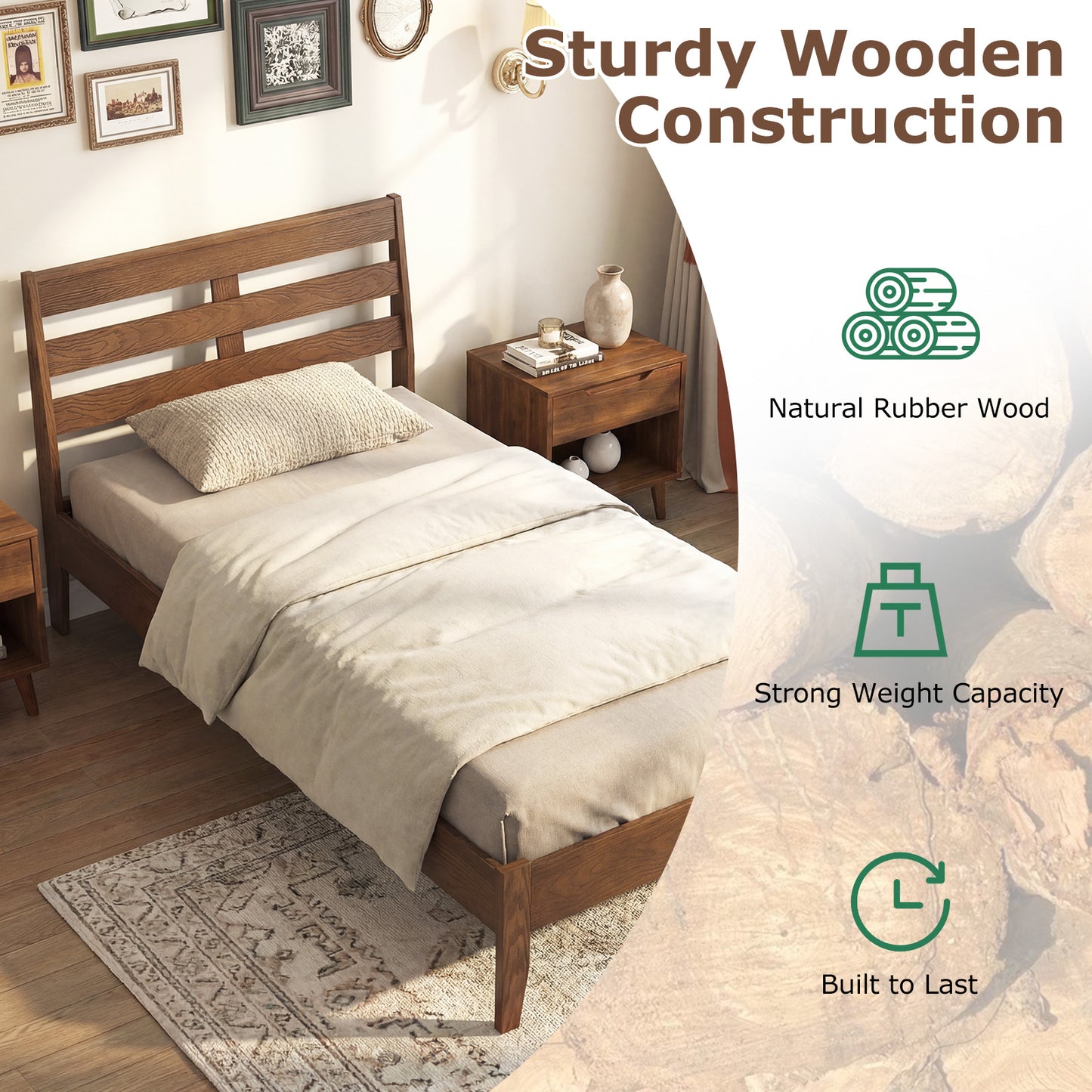 Twin Size Wood Platform Bed Frame, Slat Headboard, Brown Simple Bed Frame at Gallery Canada