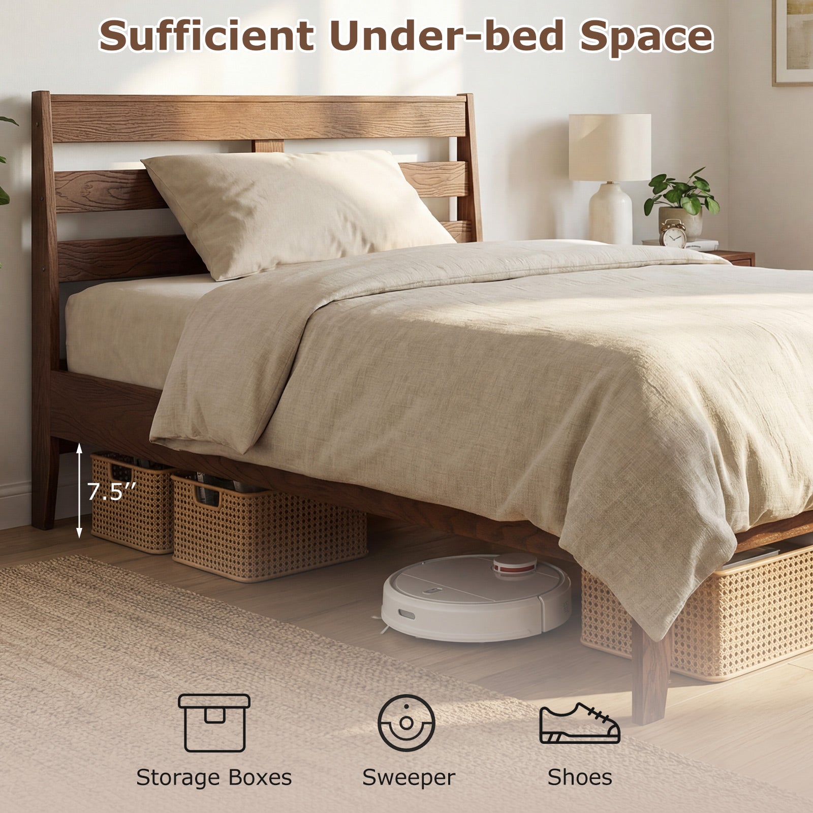 Twin Size Wood Platform Bed Frame, Slat Headboard, Brown Simple Bed Frame at Gallery Canada