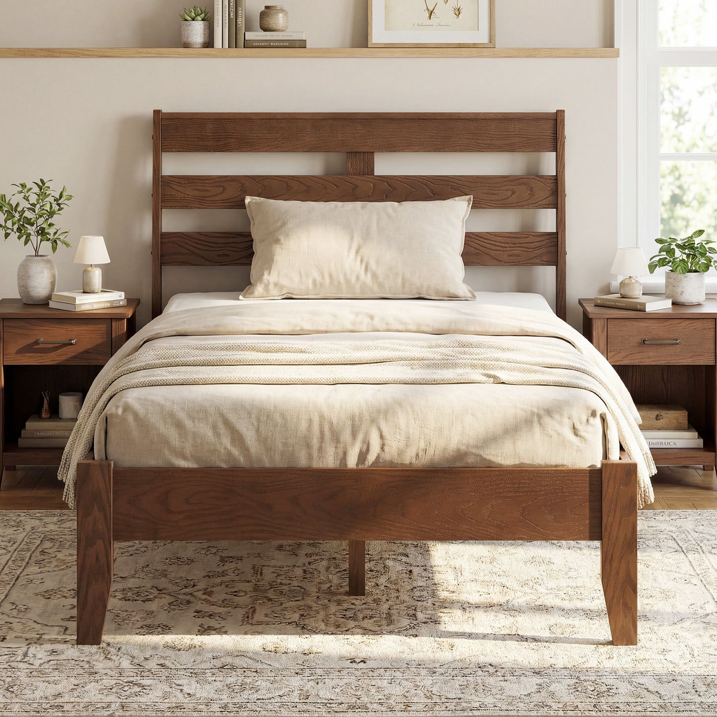 Twin Size Wood Platform Bed Frame, Slat Headboard, Brown Simple Bed Frame at Gallery Canada