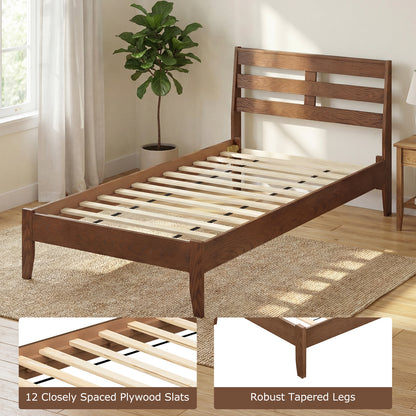 Twin Size Wood Platform Bed Frame, Slat Headboard, Brown Simple Bed Frame at Gallery Canada