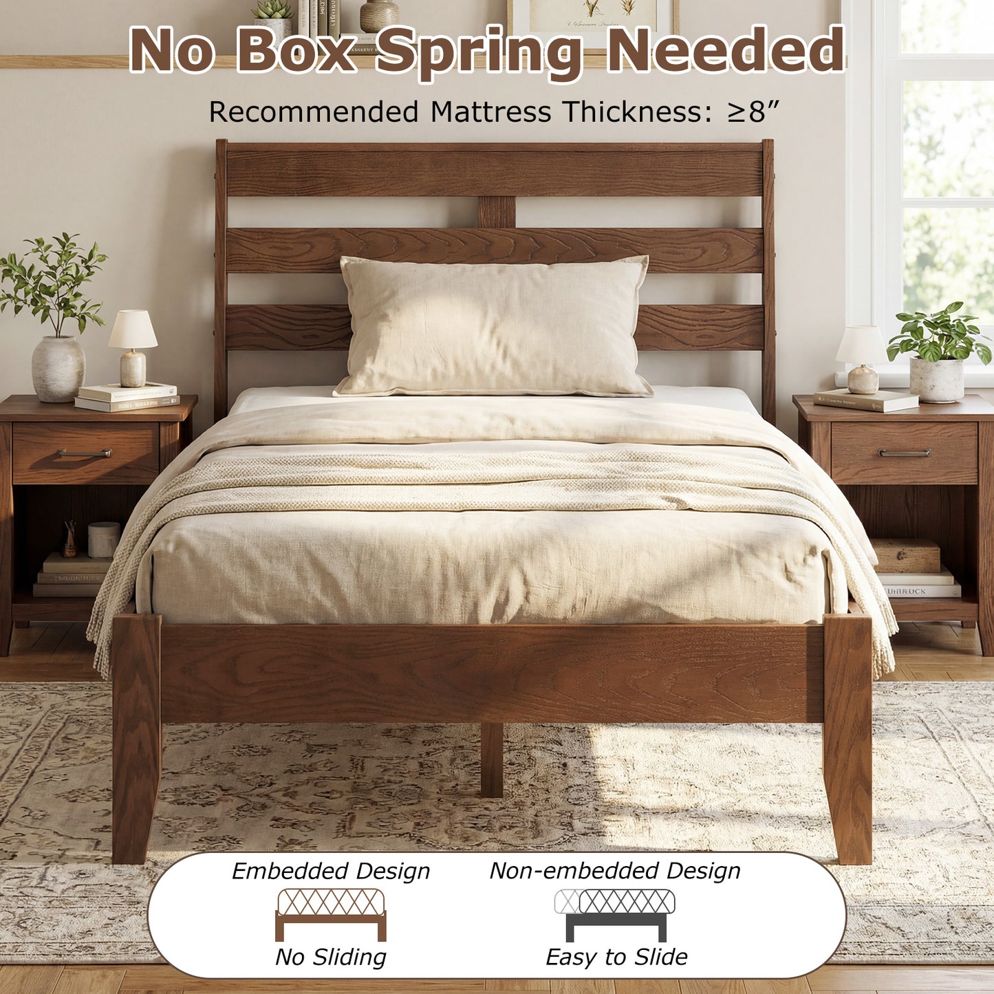 Twin Size Wood Platform Bed Frame, Slat Headboard, Brown Simple Bed Frame at Gallery Canada