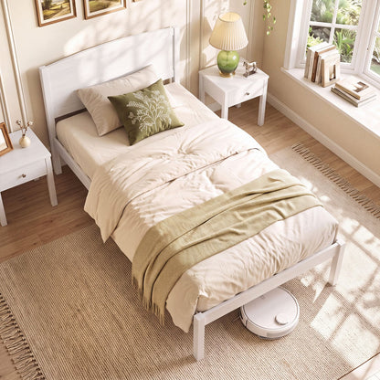 Twin Wooden Platform Bed Frame, Curved Headboard, White