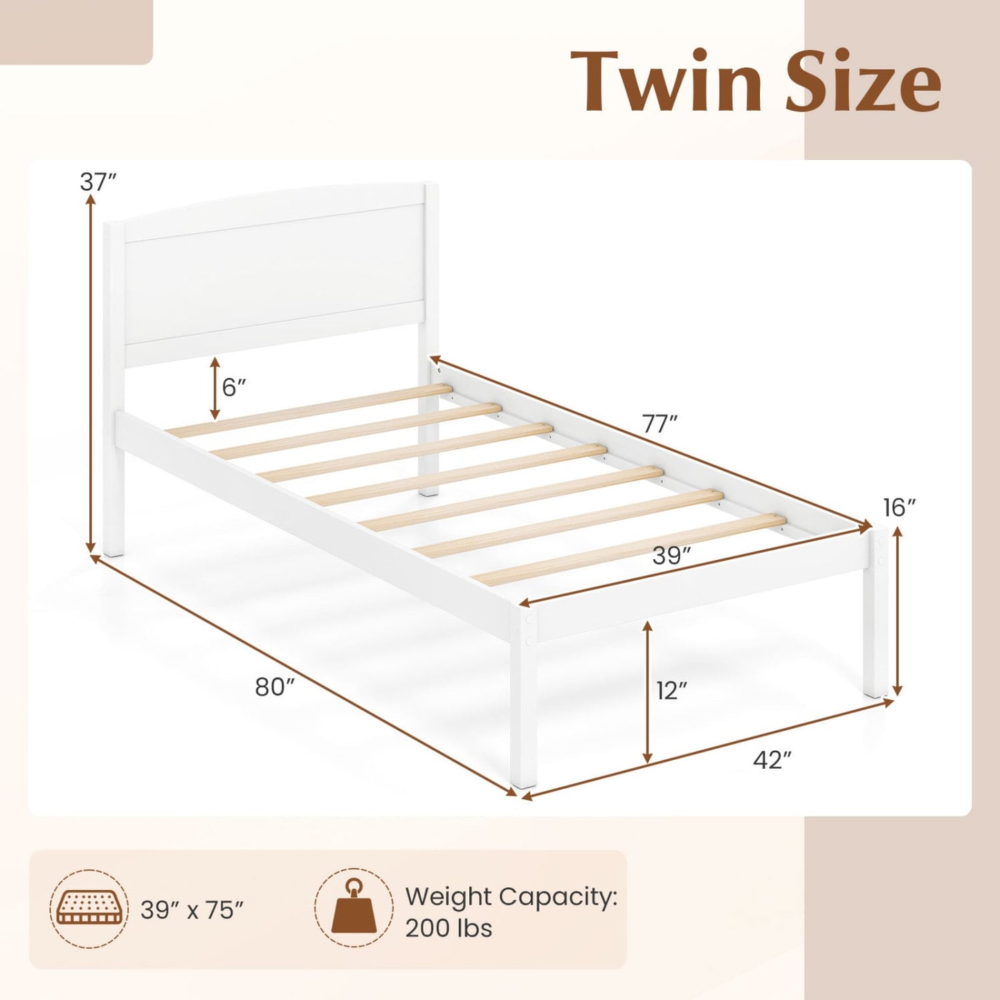 Twin Wooden Platform Bed Frame, Curved Headboard, White