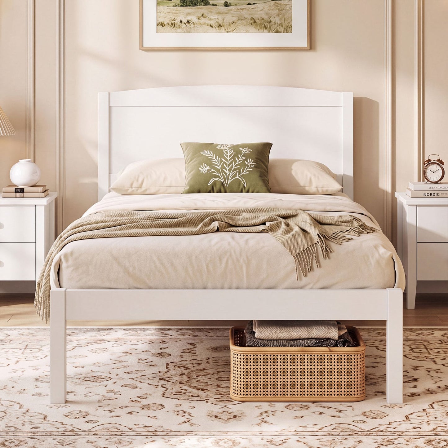 Twin Wooden Platform Bed Frame, Curved Headboard, White