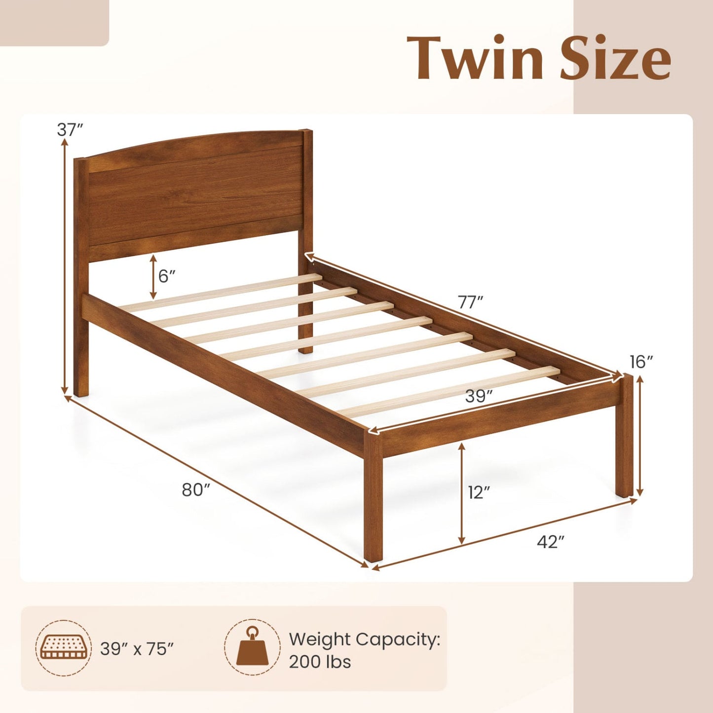 Twin Size Wooden Platform Bed Frame, Walnut