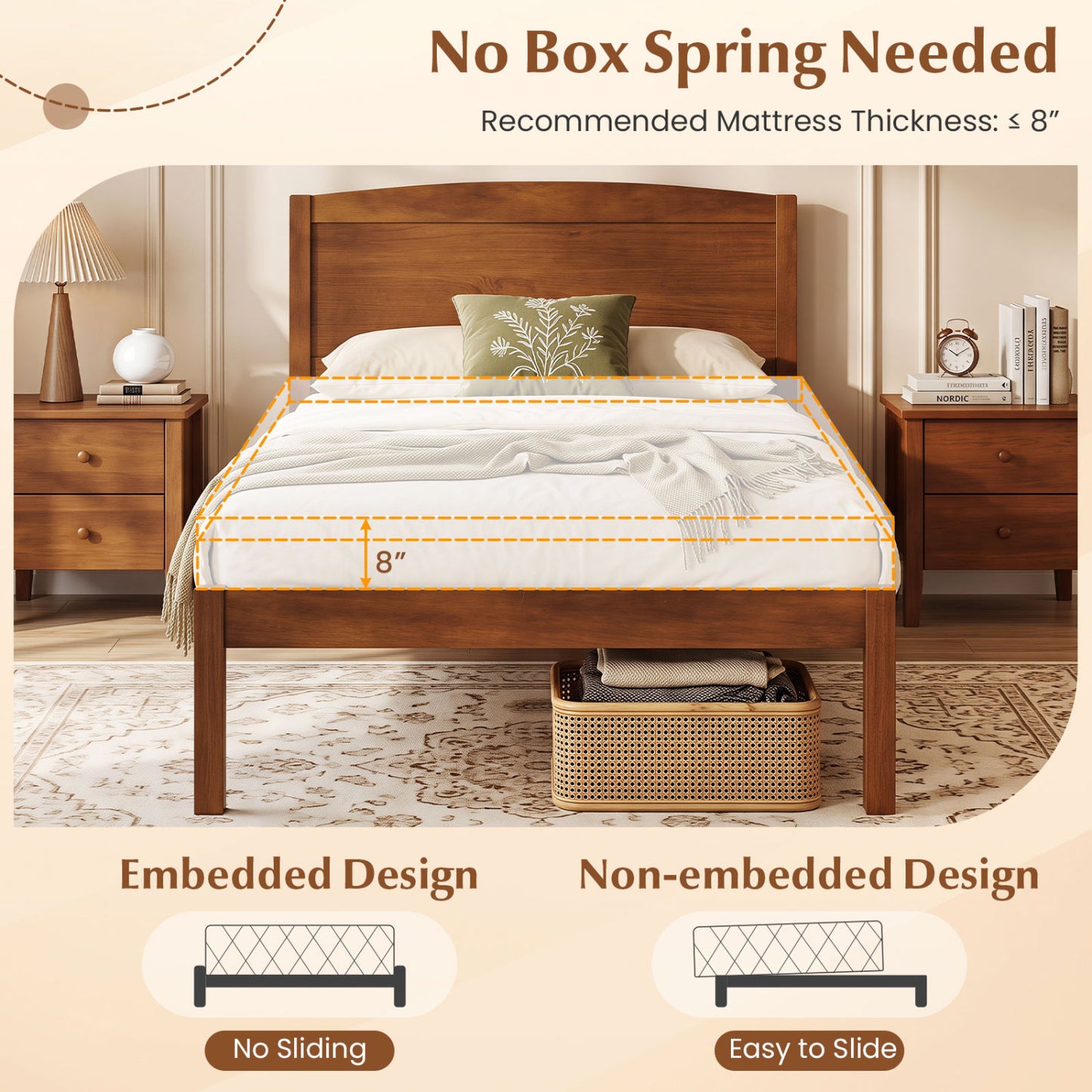 Twin Size Wooden Platform Bed Frame, Walnut