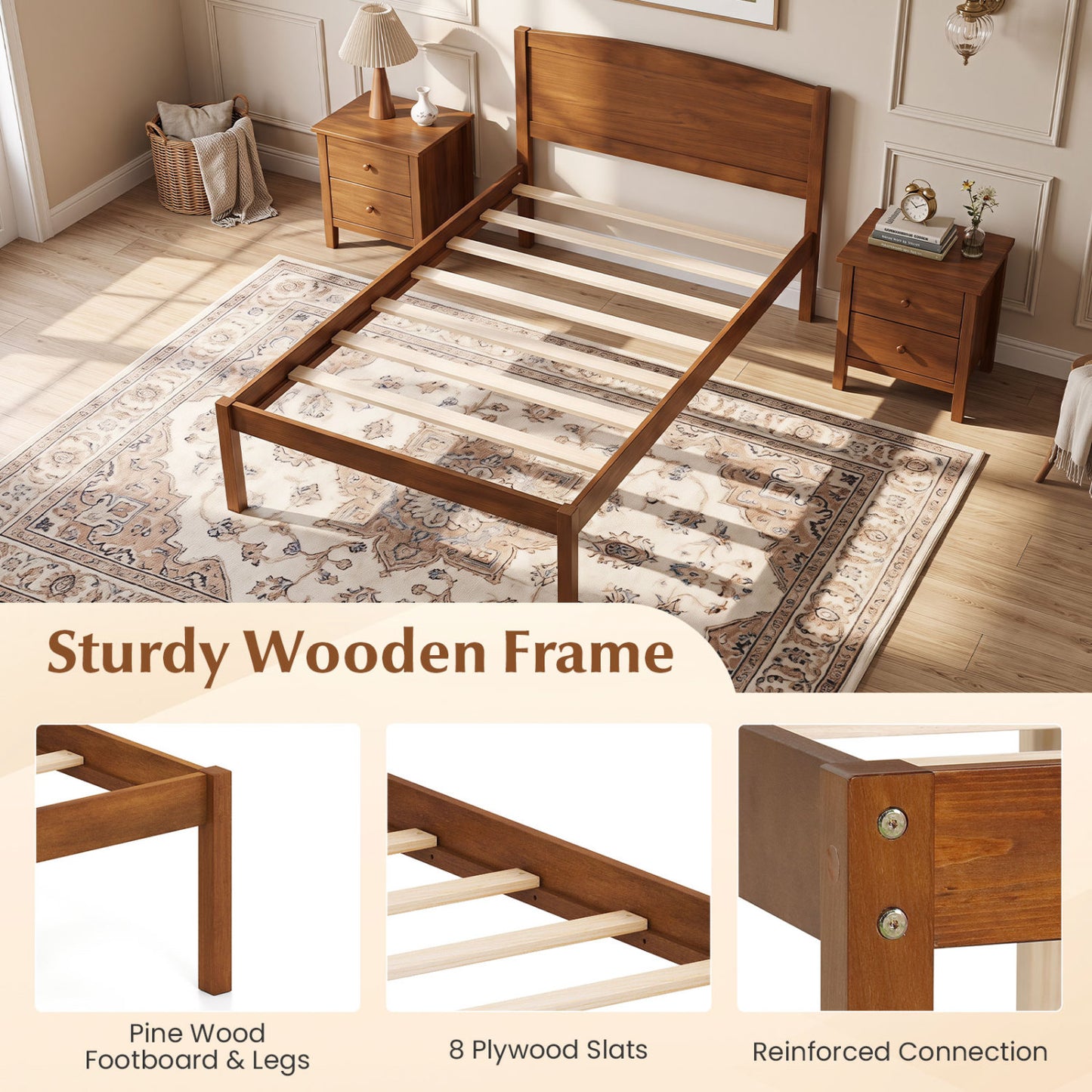 Twin Size Wooden Platform Bed Frame, Walnut