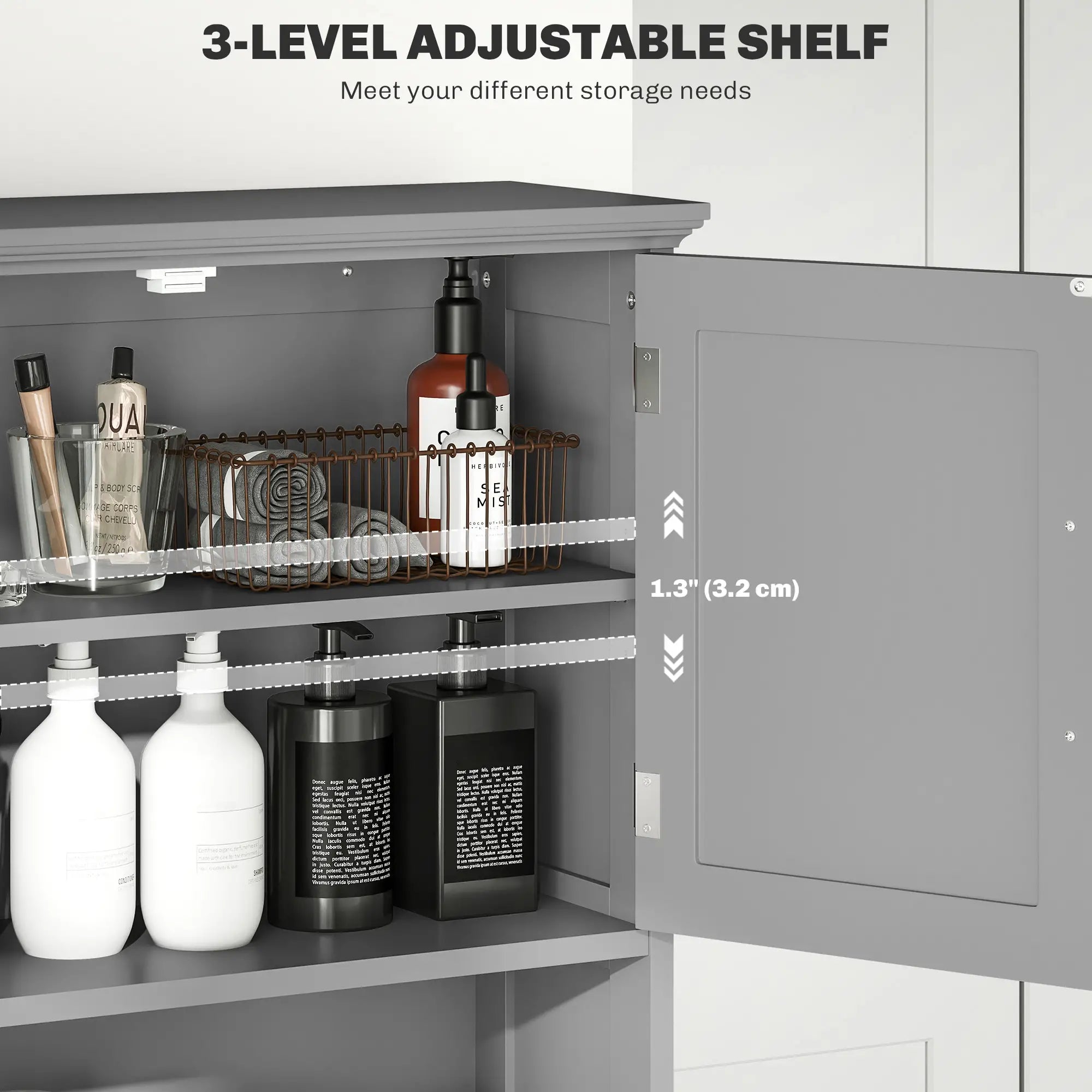 Modern Over Toilet Storage, Bathroom Cabinet with Shelves, Double Door, Grey Bathroom Cabinets at Gallery Canada