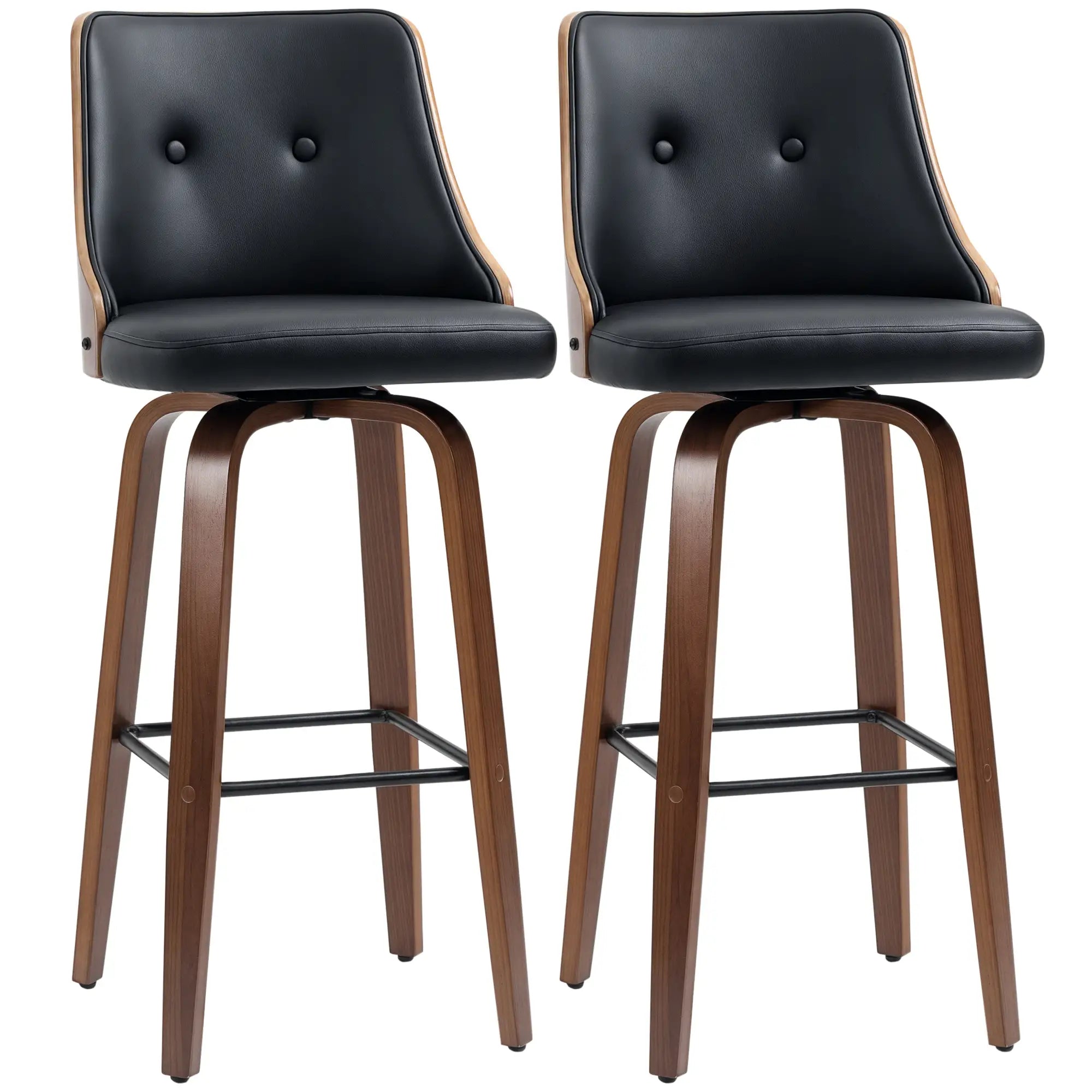 PU Leather Swivel Bar Stools, Set of 2, Solid Wood Legs, Black Bar Stools Black, Walnut at Gallery Canada