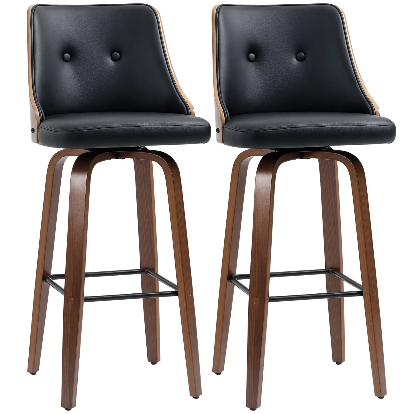 PU Leather Swivel Bar Stools, Set of 2, Solid Wood Legs, Black Bar Stools Black, Walnut at Gallery Canada