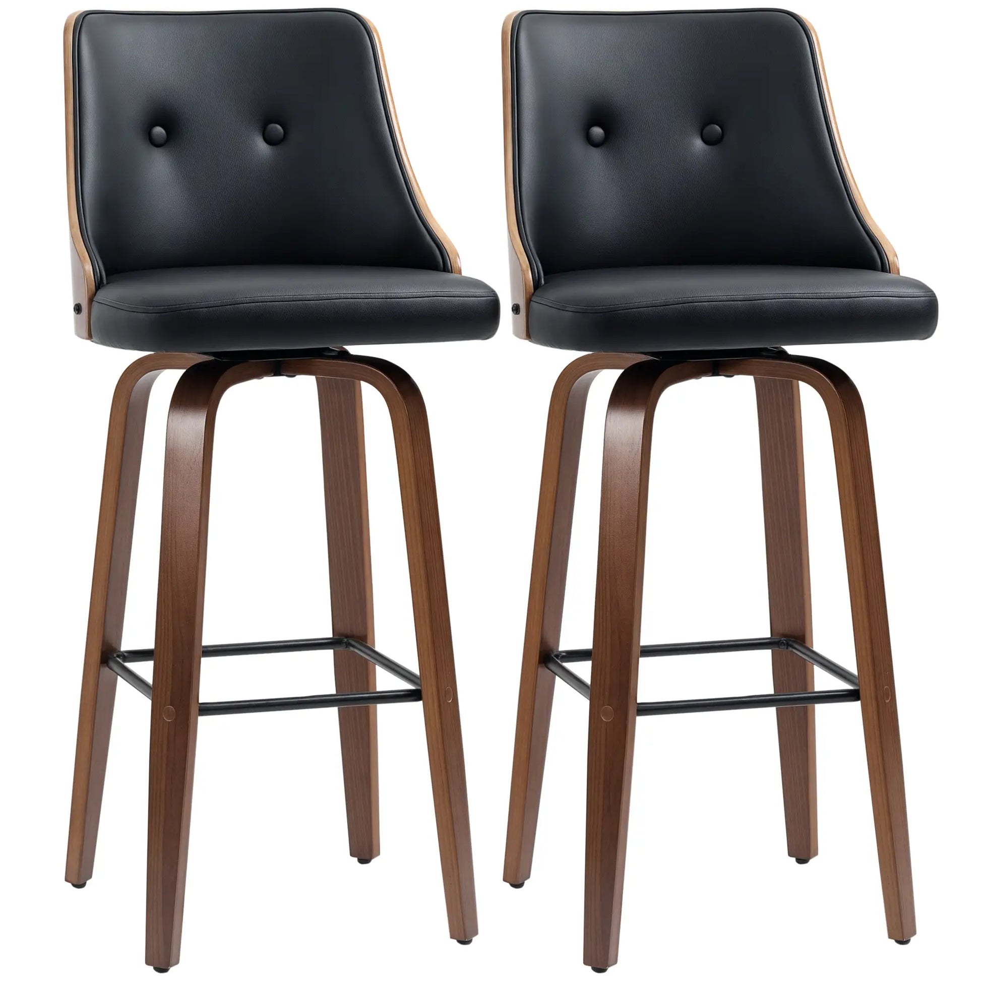 PU Leather Swivel Bar Stools, Set of 2, Solid Wood Legs, Black Bar Stools Black, Walnut at Gallery Canada